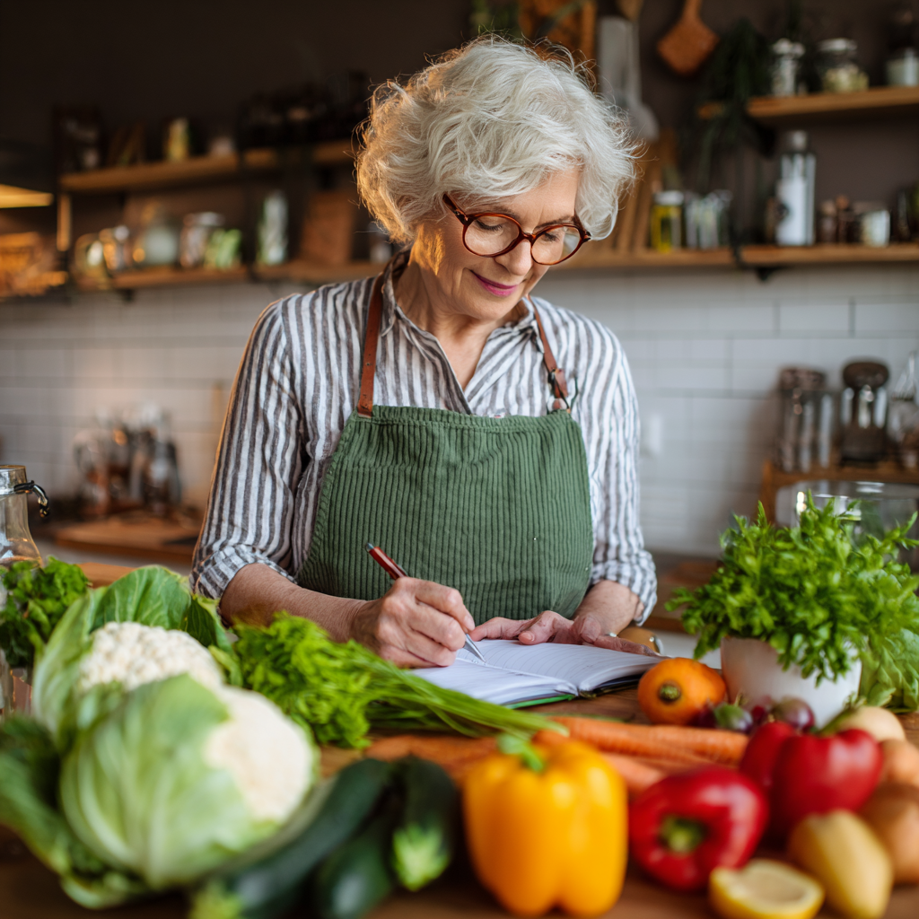 Mature woman planning balanced meals with fresh vegetables and healthy ingredients