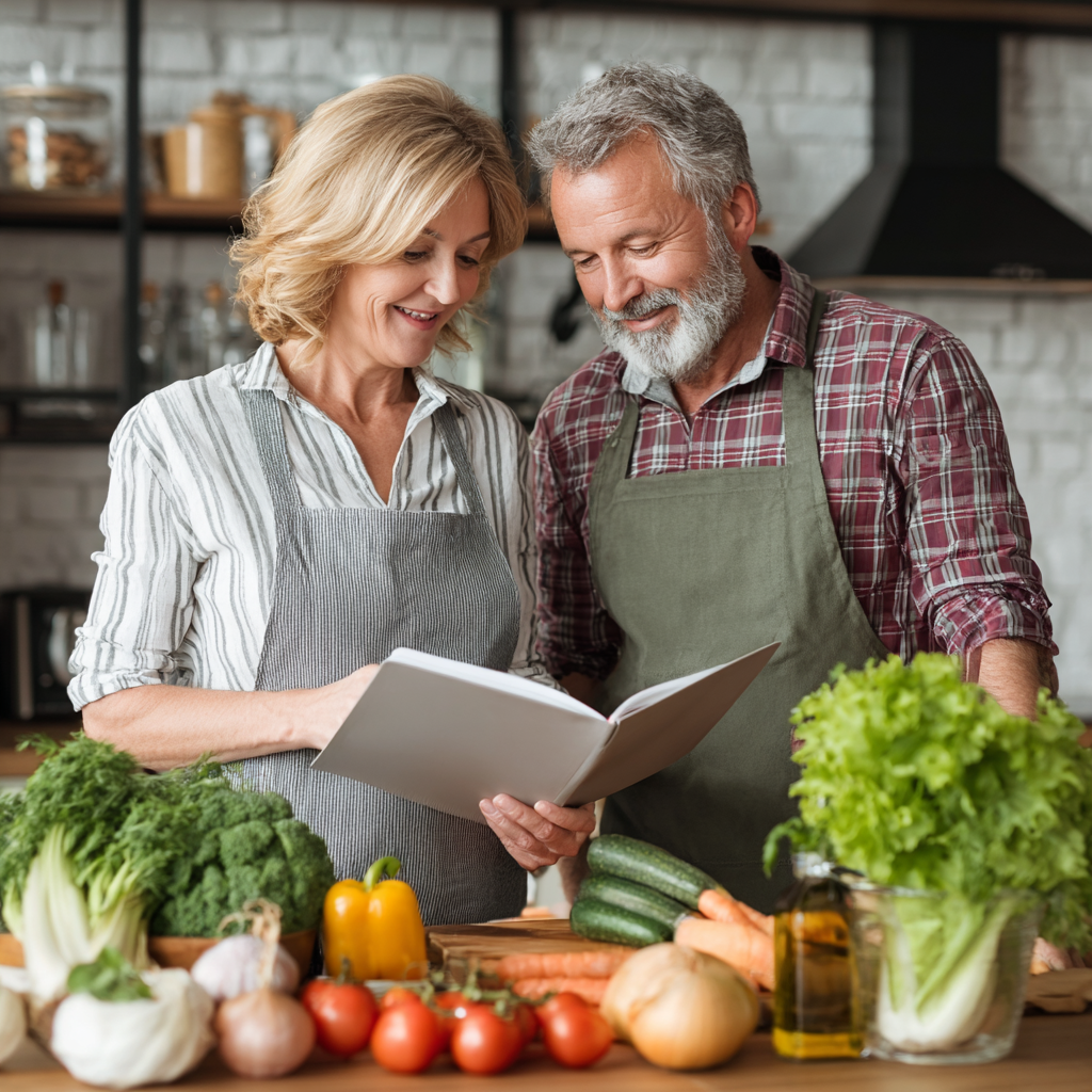 Middle-aged couple enjoying healthy meal planning together with fresh ingredients